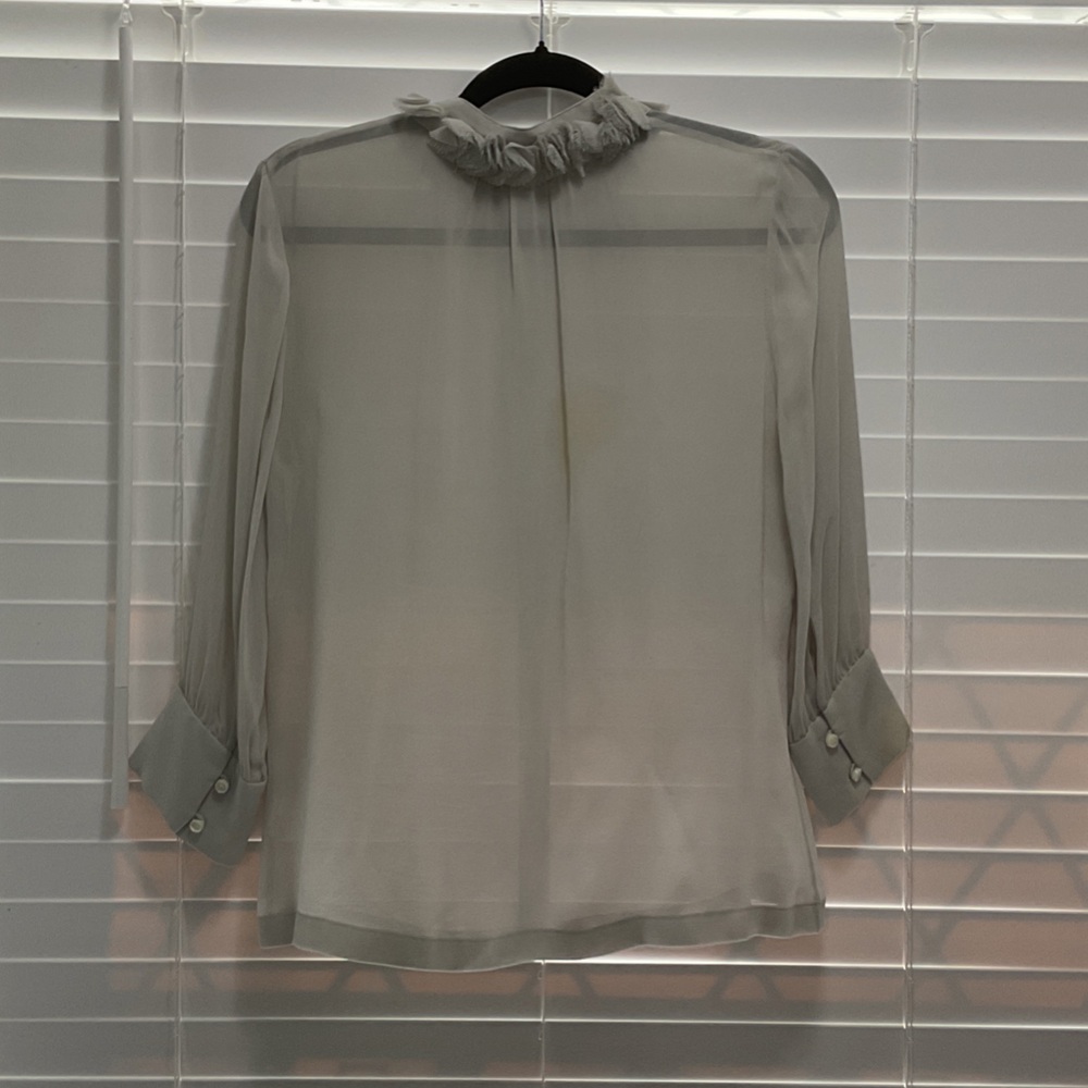 J. Crew Factory  100% silk sheer Ruffle-Neck Button-Front Blouse - Light Gray - Picture 2 of 4